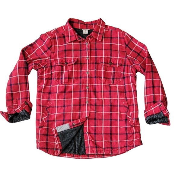 Duluth Free Swingin' Red Plaid Fleece Lined Snap Front Shirt Jacket Shacket Sz L - Picture 1 of 12